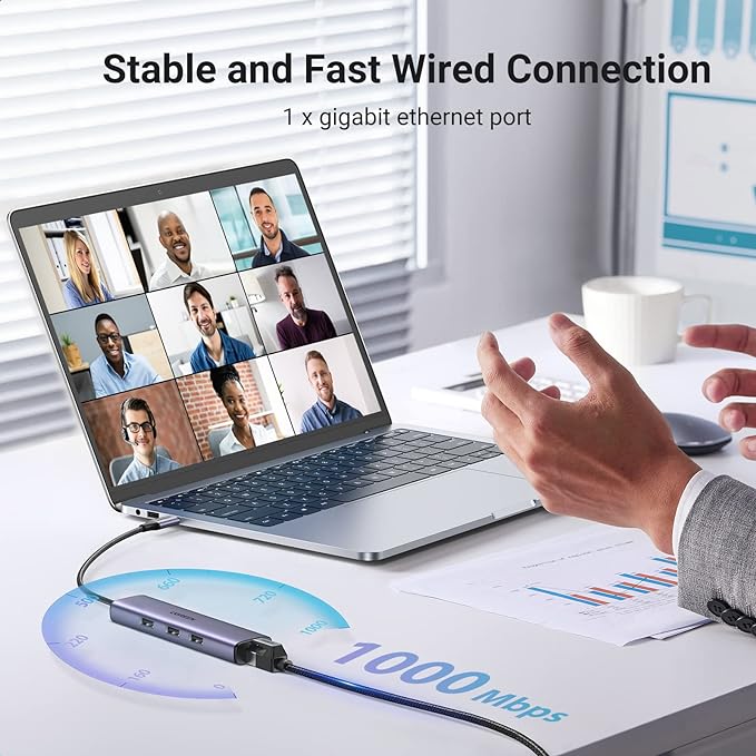 UGREEN 60600 USB C TO 3 Port USB 3.0 Hub with Gigabit Ethernet