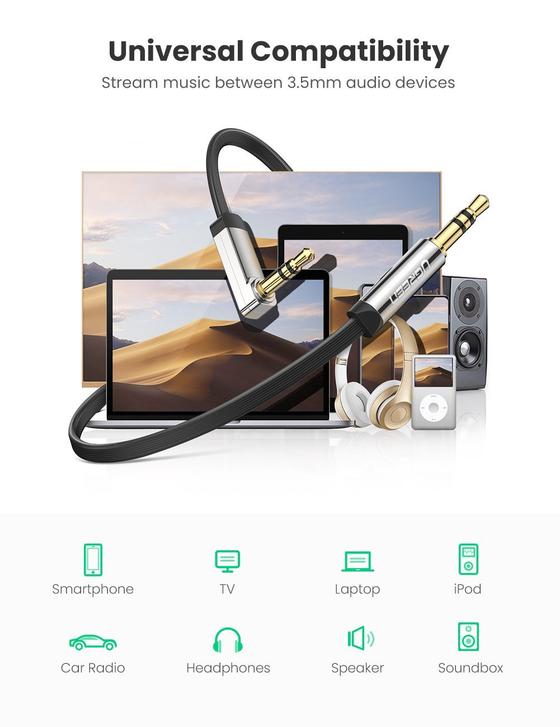 UGREEN 10728 3.5MM STRAIGHT TO 90 AUDIO CABLE 3M FLAT