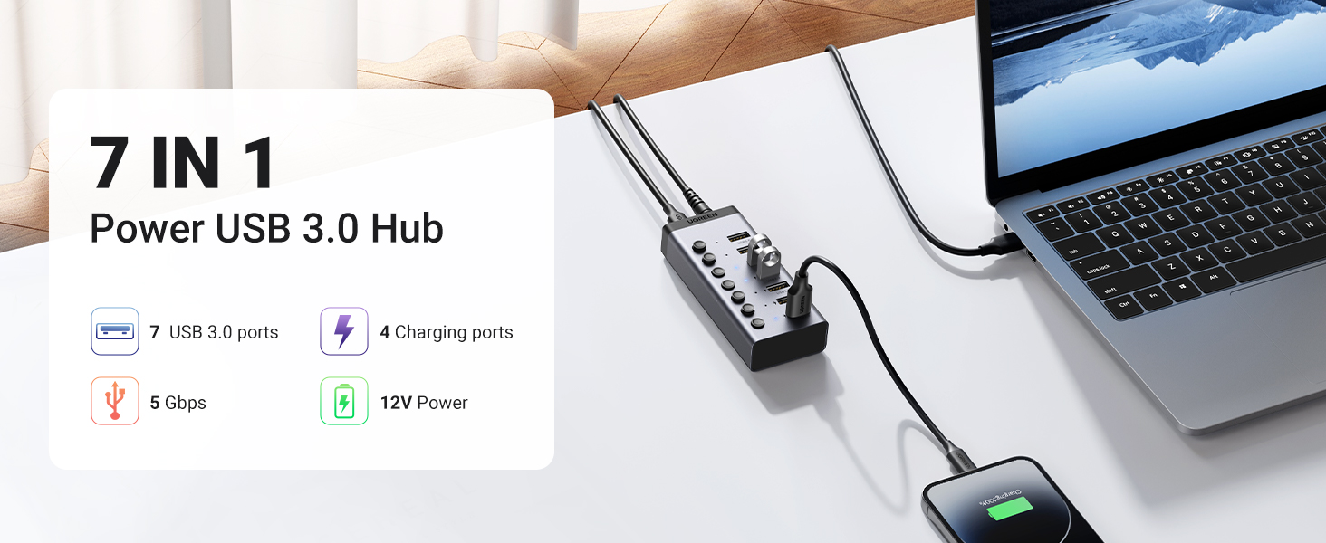 UGREEN 30778 7 Port USB 3.0 Adapter with 4 Smart Charging Ports 001