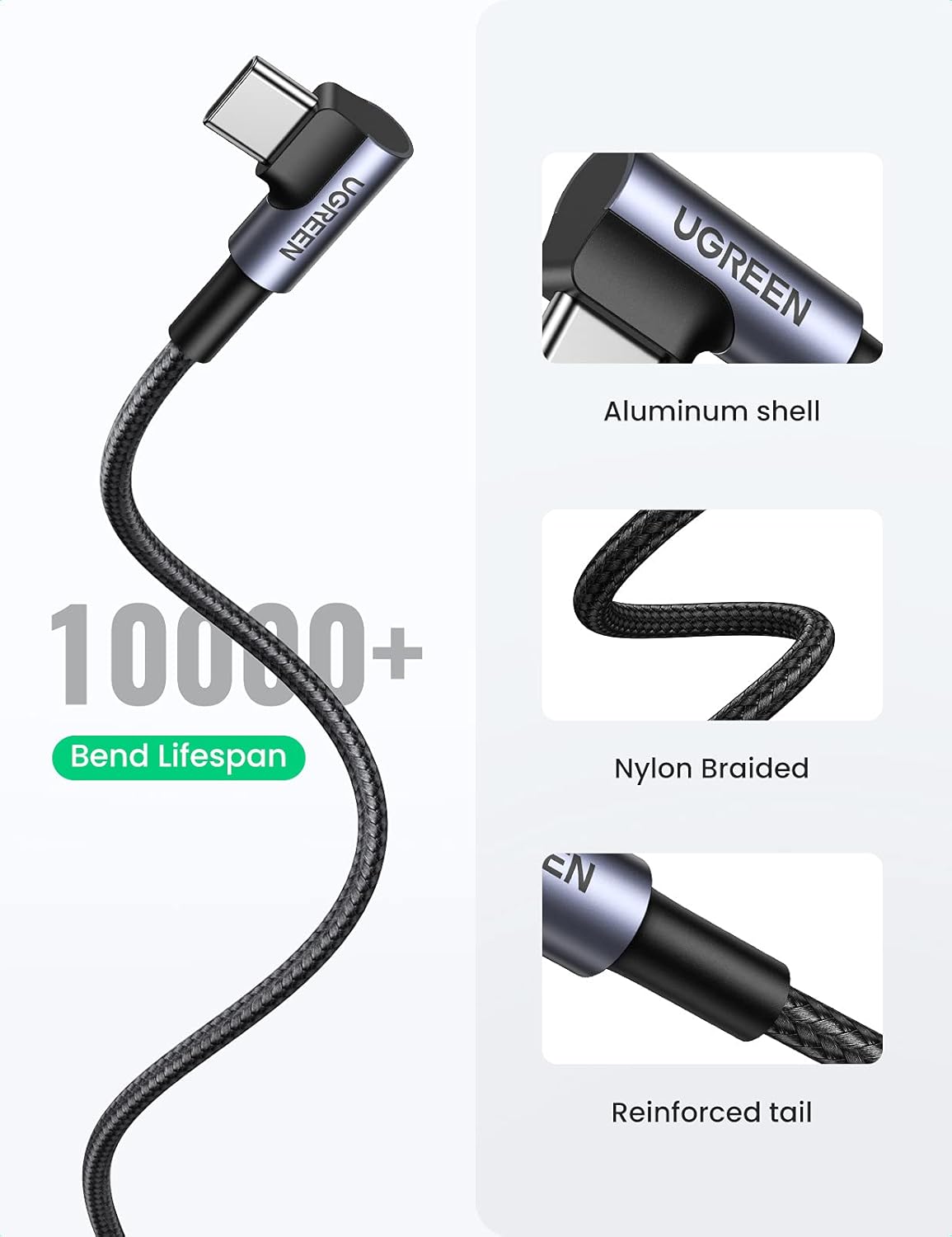 UGREEN 50941 Right Angle USB A to USB C Cable (1 Meter) 480Mbps Data Sync, Nylon Braided, Compatible with iPhone 17/16/15 Series