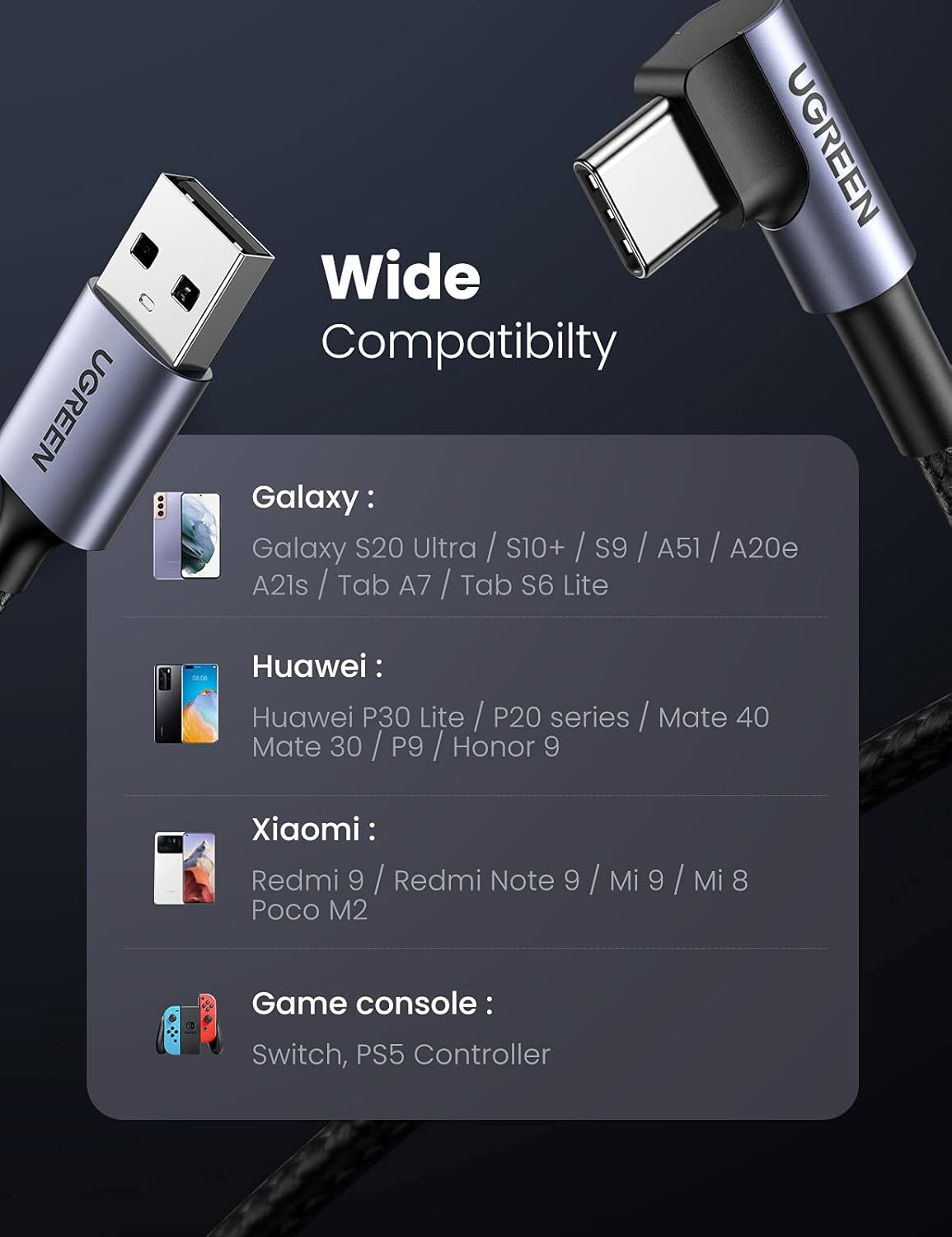 UGREEN 50941 Right Angle USB A to USB C Cable (1 Meter) 480Mbps Data Sync, Nylon Braided, Compatible with iPhone 17/16/15 Series