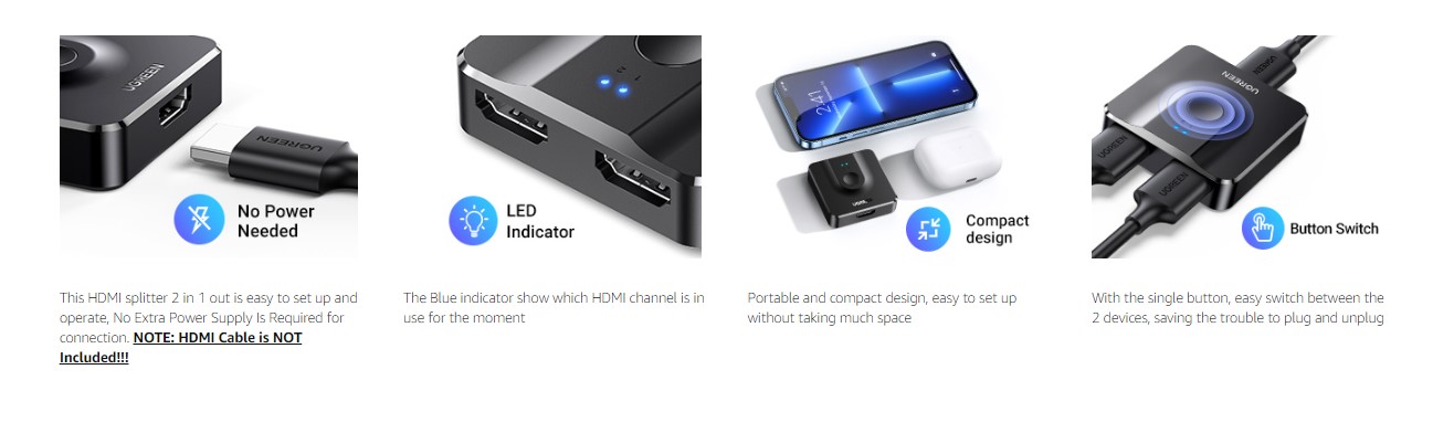 UGREEN 50966 HDMI 2 In 1 Out 4K@60Hz Bi Directional HDMI Switcher 010 UGREEN 50966 HDMI 2 In 1 Out 4K@60Hz Bi Directional HDMI Switcher 010