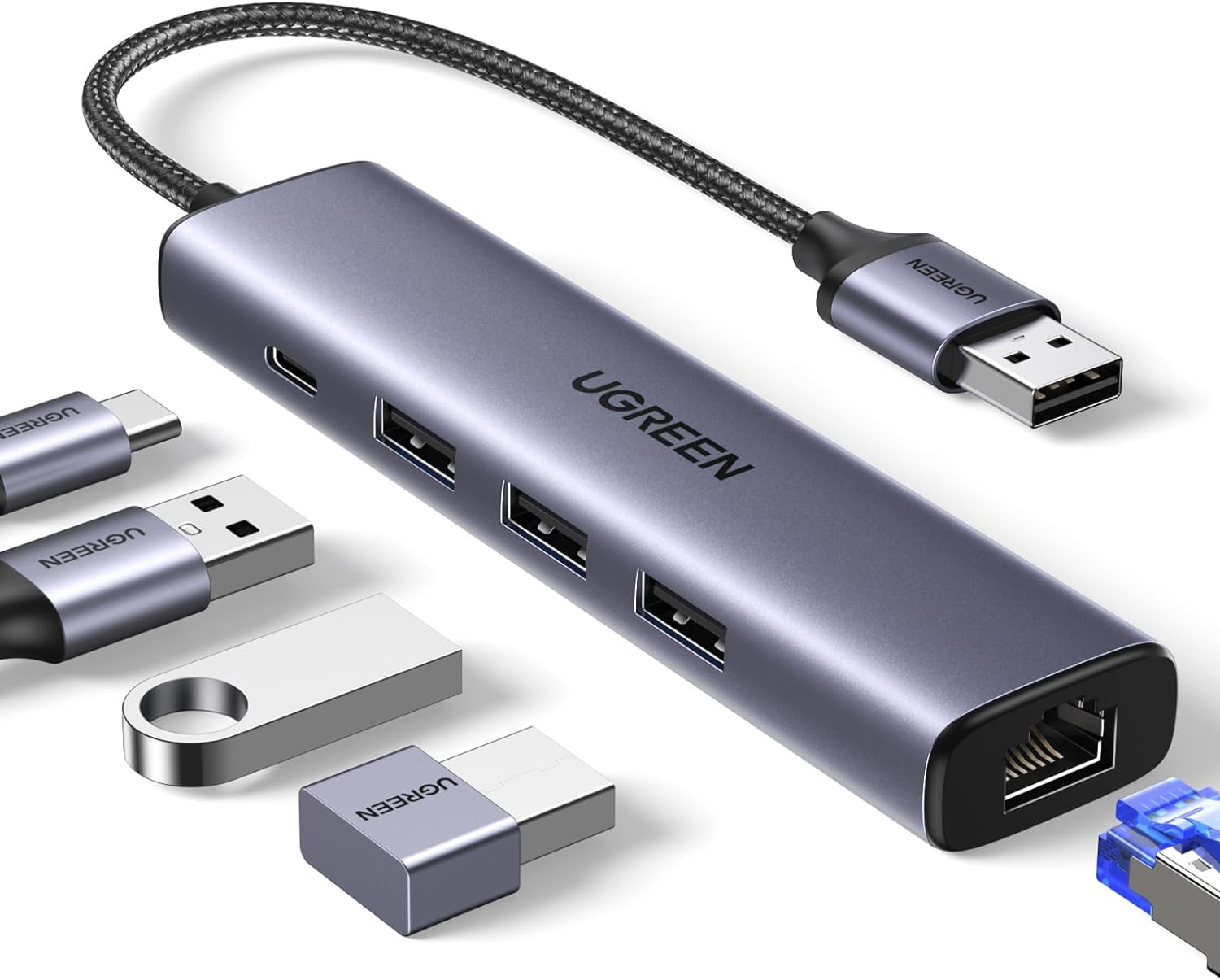 UGREEN 60554 USB 3.0 To Gigabit Ethernet Adapter 5 In 1 Multiport Hub
