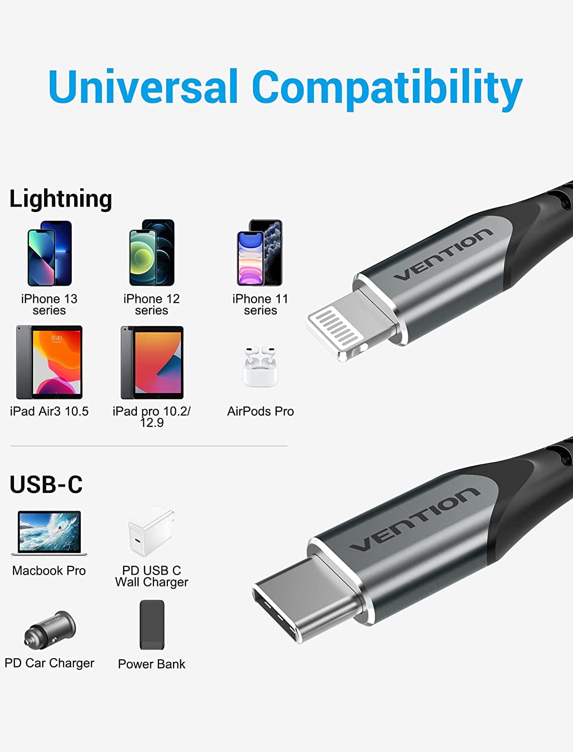VENTION TACHG USB-C to Lightning Cable (1.5 Meter) MFi Certified, 3A Fast Charging, PD 18W