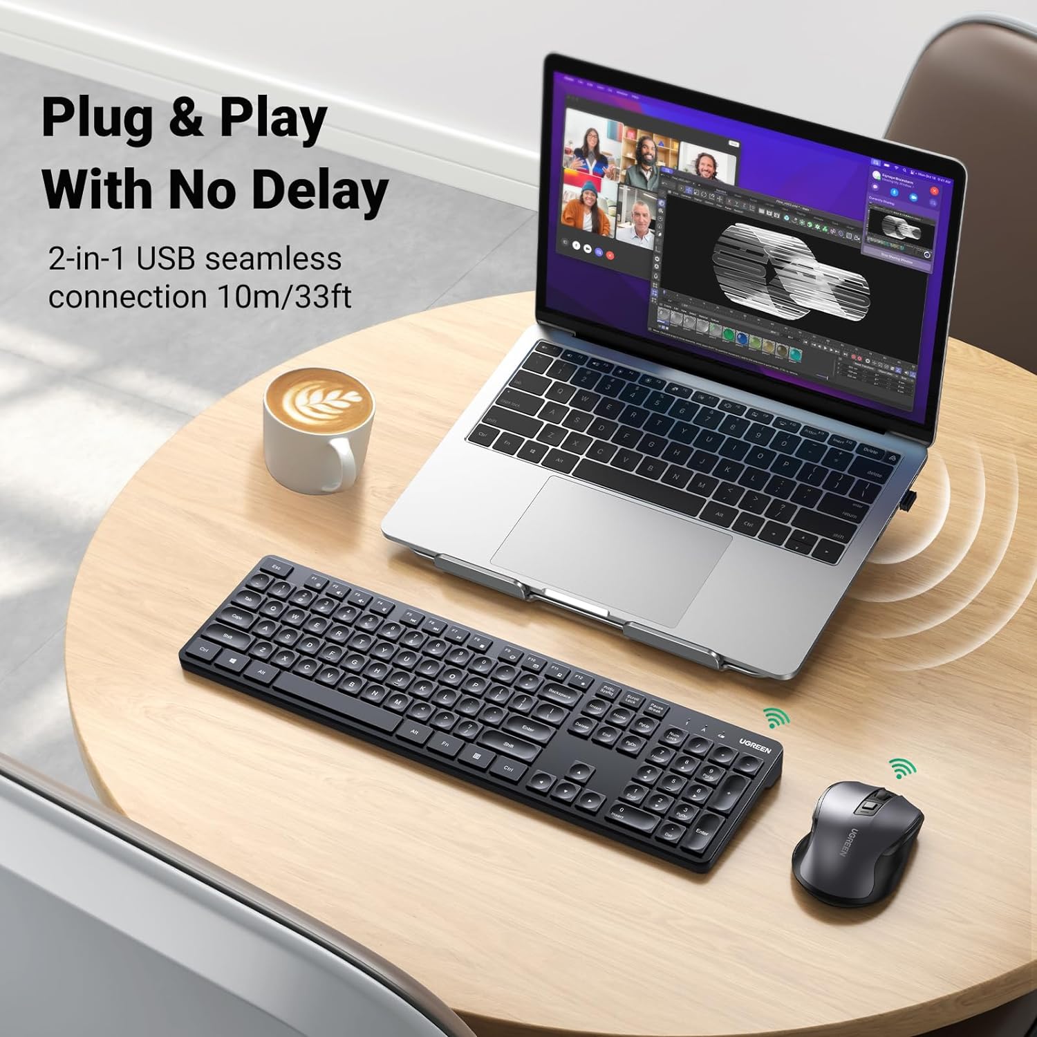 UGREEN 15659 Wireless Keyboard and Mouse Combo, 2.4GHz Ergonomic Keyboard Mouse