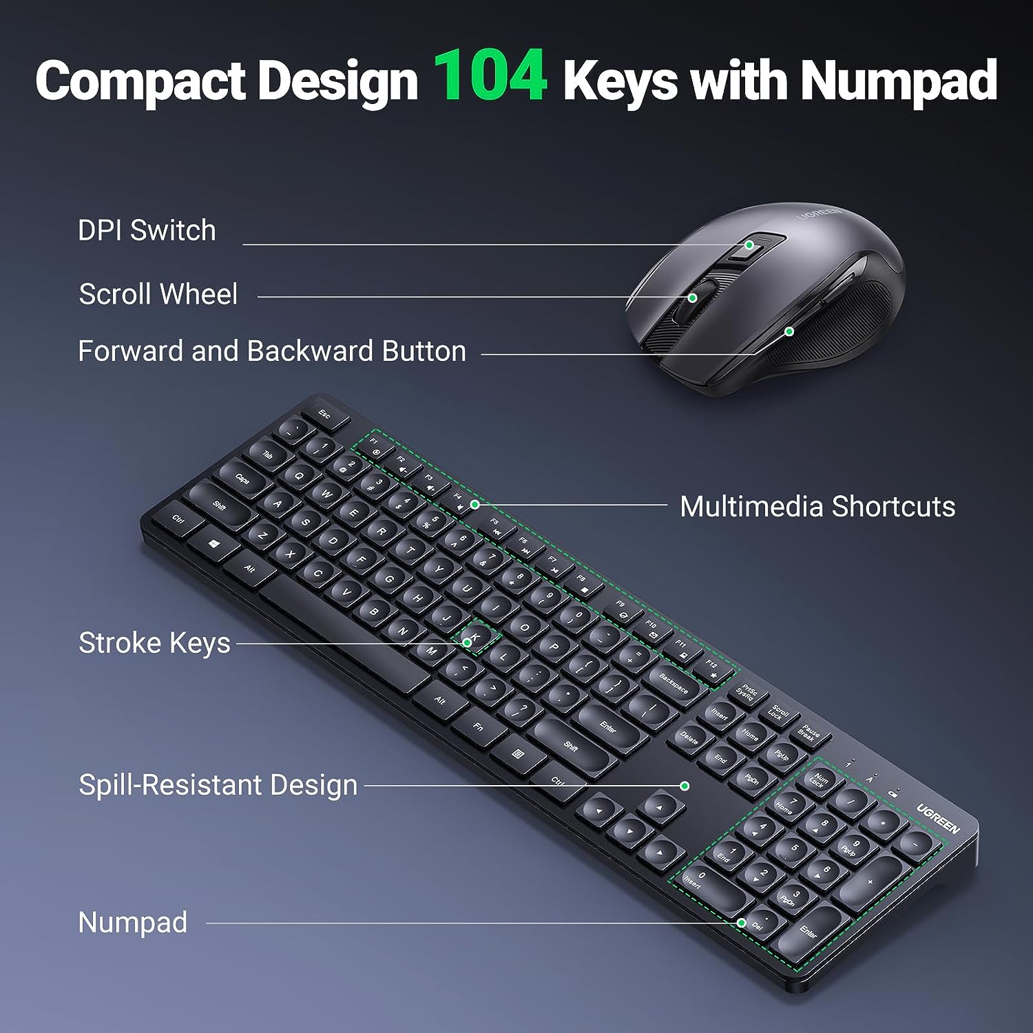 UGREEN 15659 Wireless Keyboard and Mouse Combo, 2.4GHz Ergonomic Keyboard Mouse