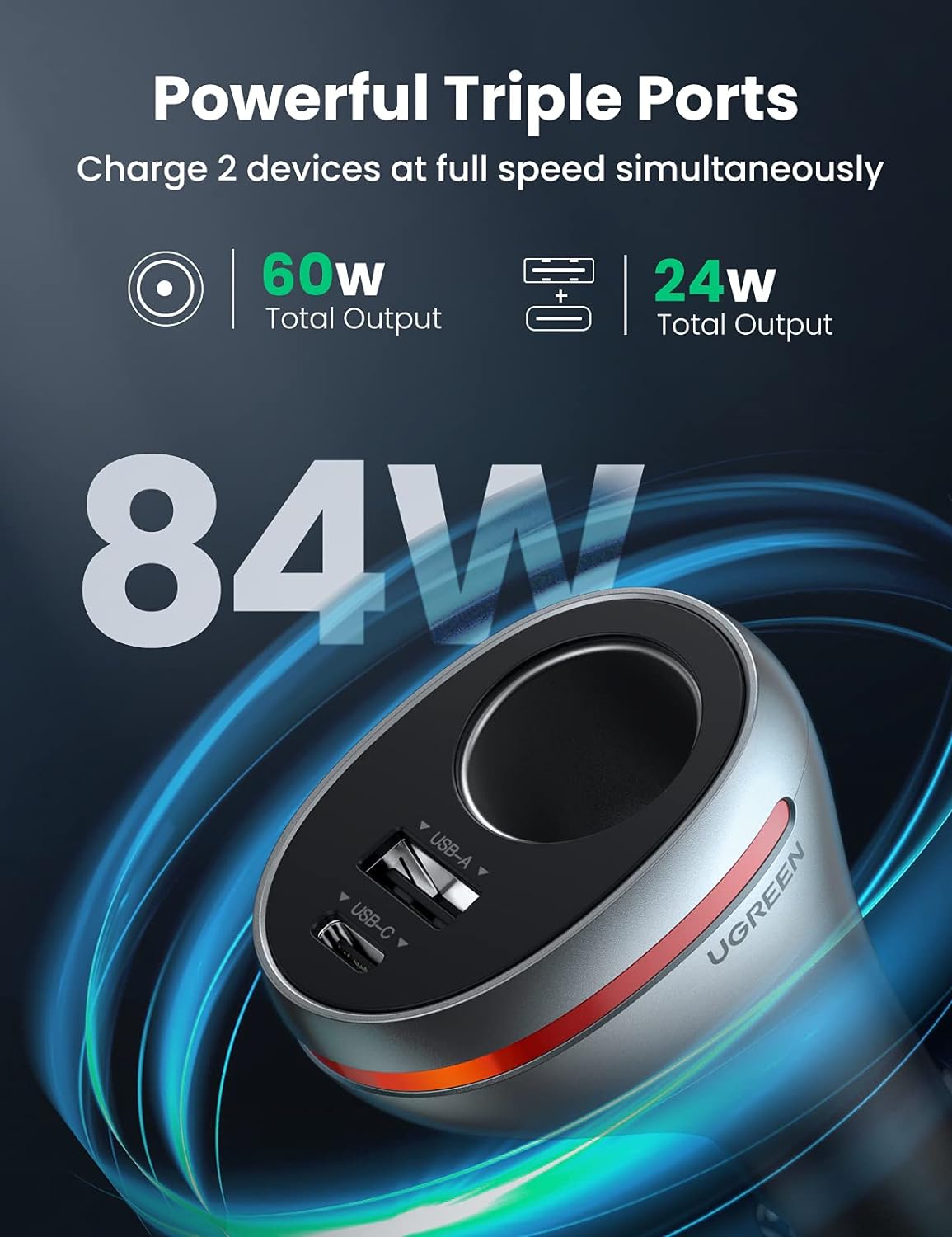 UGREEN 60712 Dual Port Single Extension PD 84W Car Charger