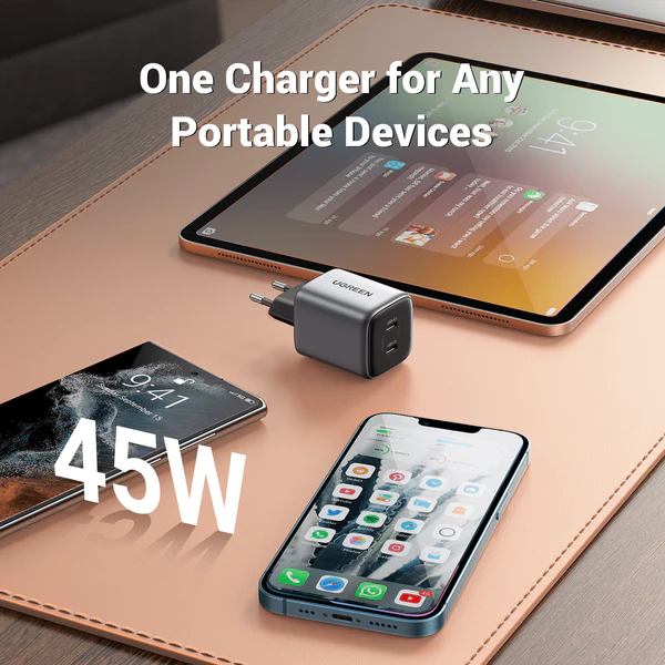 UGREEN 90573 NEXODE Dual USB-C 45W GAN Fast Charger (Gray) Compatible for iPhone 17/16/15