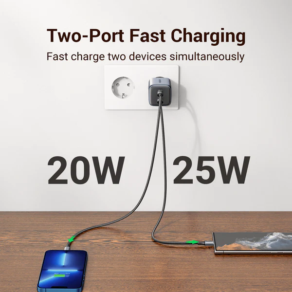 UGREEN 90573 NEXODE Dual USB-C 45W GAN Fast Charger (Gray) Compatible for iPhone 17/16/15