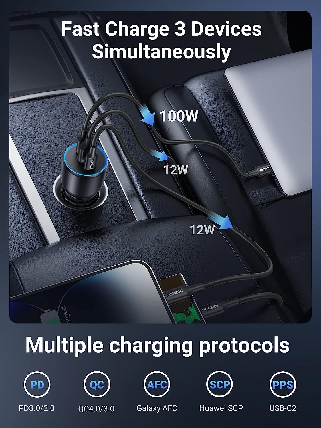 UGREEN 90889 130W USB C Car Charger, PD 100W +PD 30W Type C Car Charger Adapter, Fast Charging Car Charger