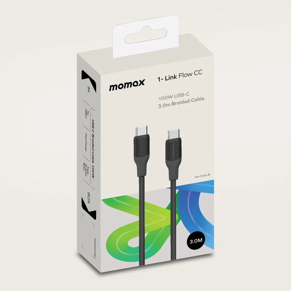 MOMAX 1-Link Flow DC26W 100W USB-C to USB-C PD Fast Charging Cable (3 Meter) White Durable