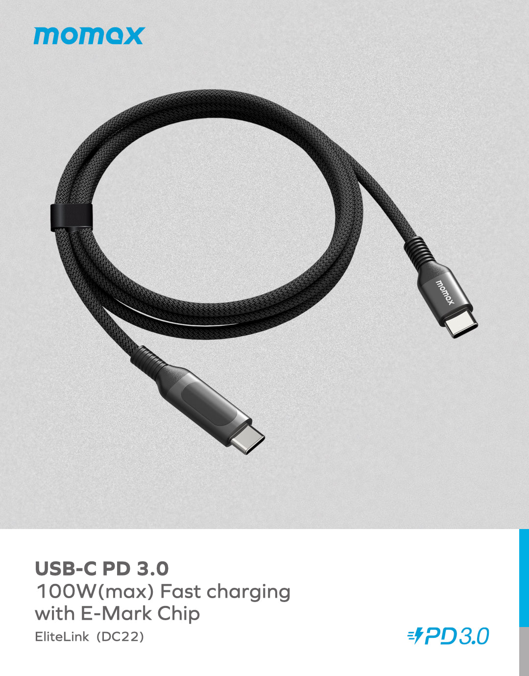 MOMAX ELITELINK DC22D USB-C to USB-C Cable with 100W Power Delivery and LED Display (1.2 Meter)