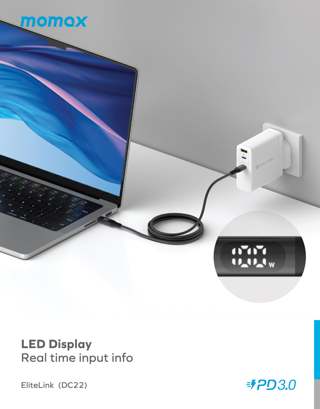 MOMAX ELITELINK DC22D USB-C to USB-C Cable with 100W Power Delivery and LED Display (1.2 Meter)