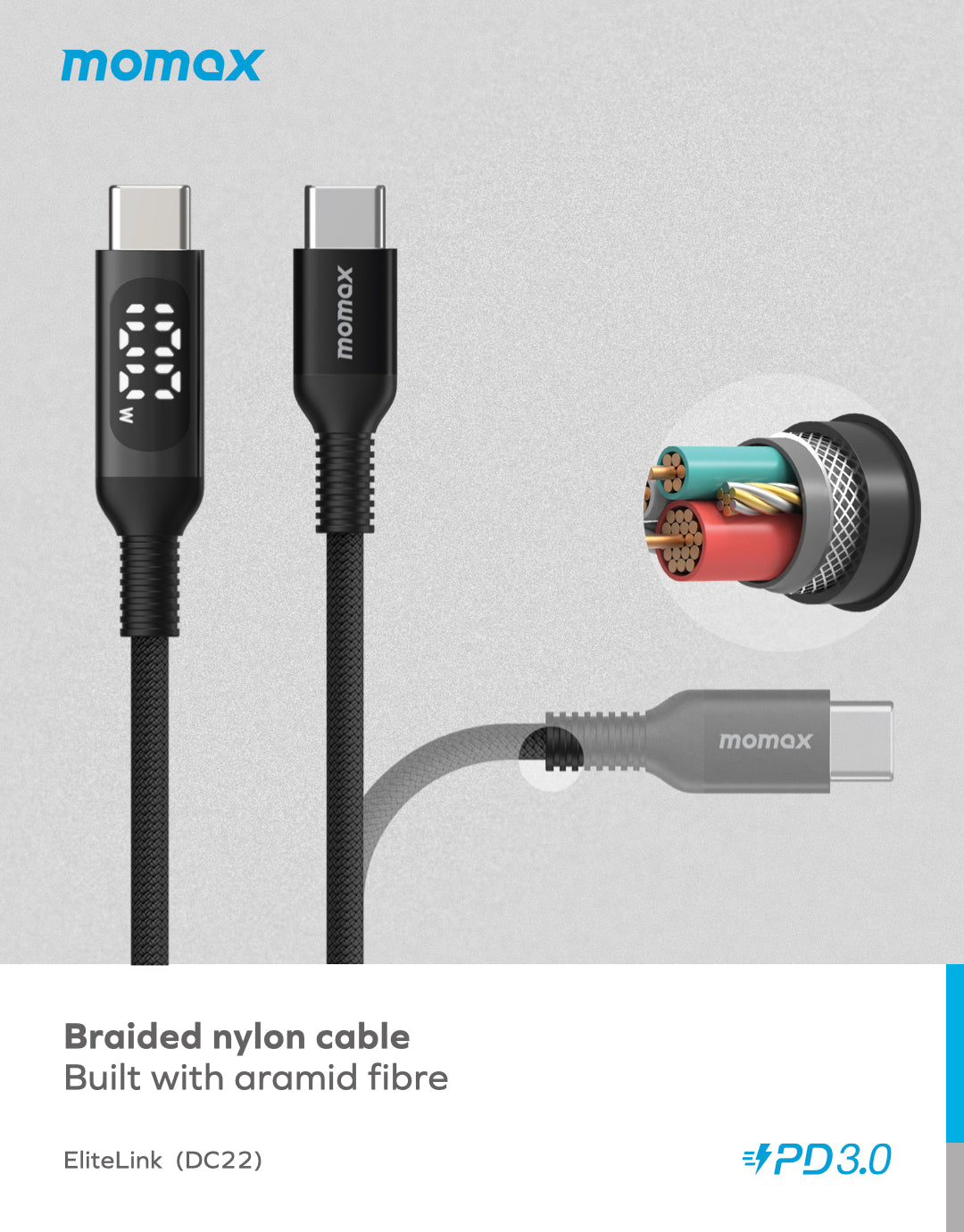MOMAX ELITELINK DC22D USB-C to USB-C Cable with 100W Power Delivery and LED Display (1.2 Meter)