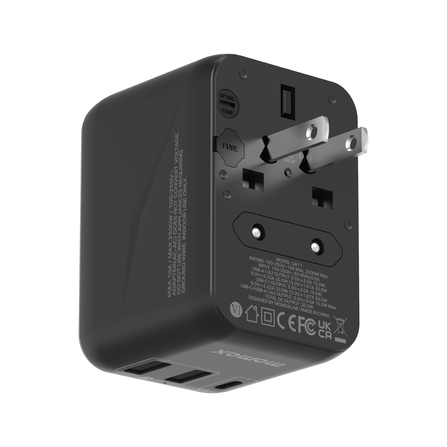 MOMAX UA11D 1-World 20W 3-Port+AC Travel Adapter (2xUSB, 1xUSB-C)