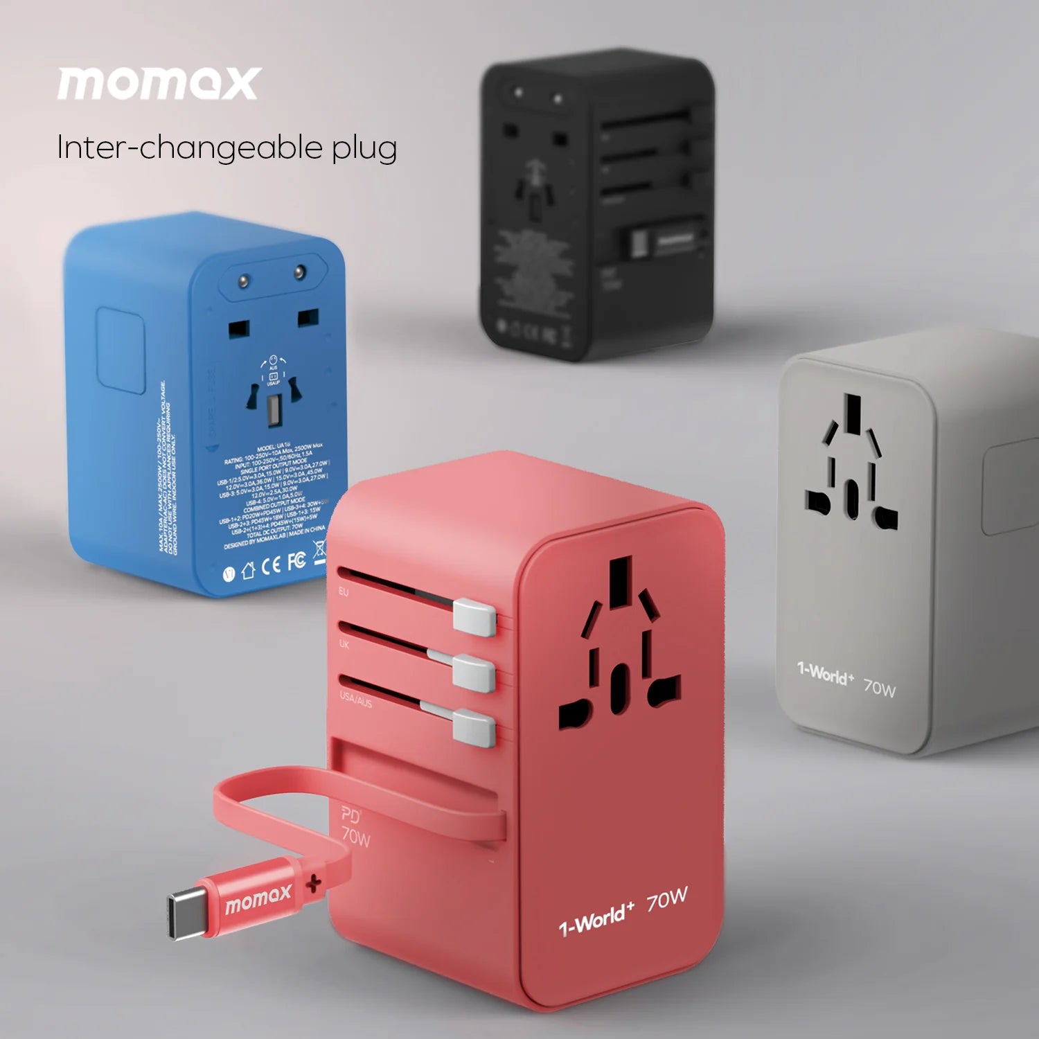 MOMAX UA18D 1-World 70W GAN 3-Port+AC Travel Adapter (2xUSB, 2xUSB-C)
