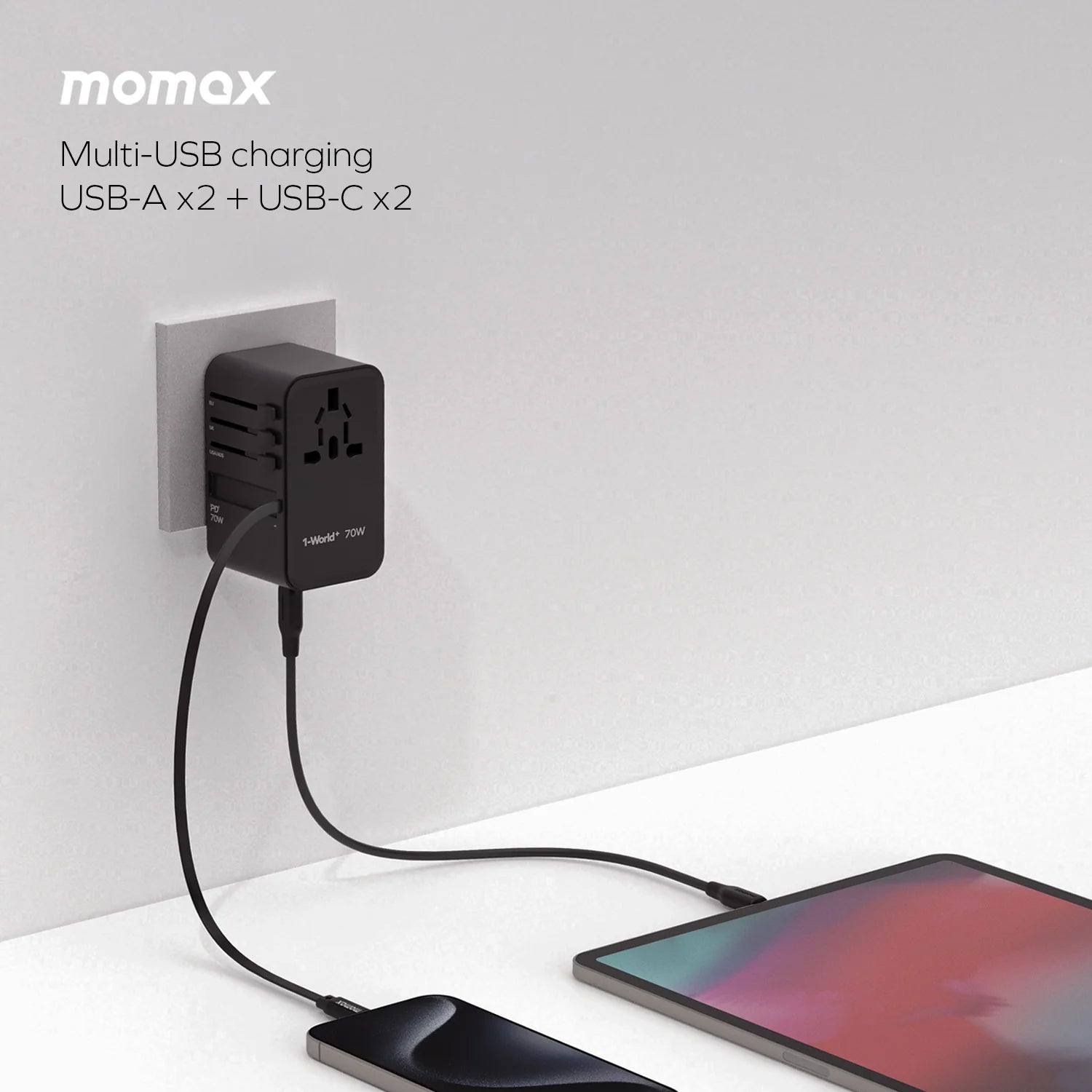 MOMAX UA18D 1-World 70W GAN 3-Port+AC Travel Adapter (2xUSB, 2xUSB-C) MOMAX UA18D 1-World 70W GAN 3-Port+AC Travel Adapter (2xUSB, 2xUSB-C)