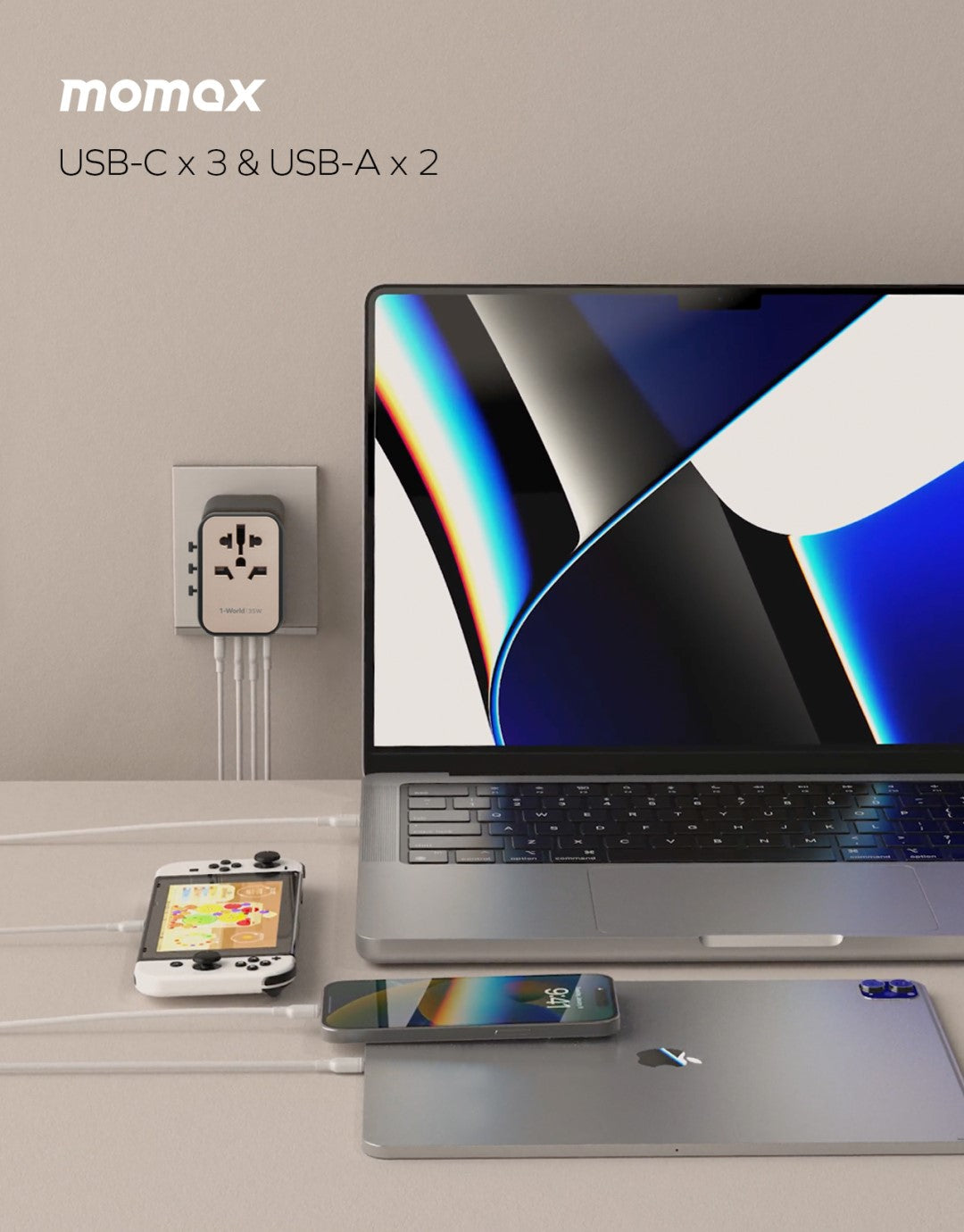 MOMAX UA9D 1-World 35W 5-Port+AC Travel Adapter (2xUSB, 3xUSB-C)