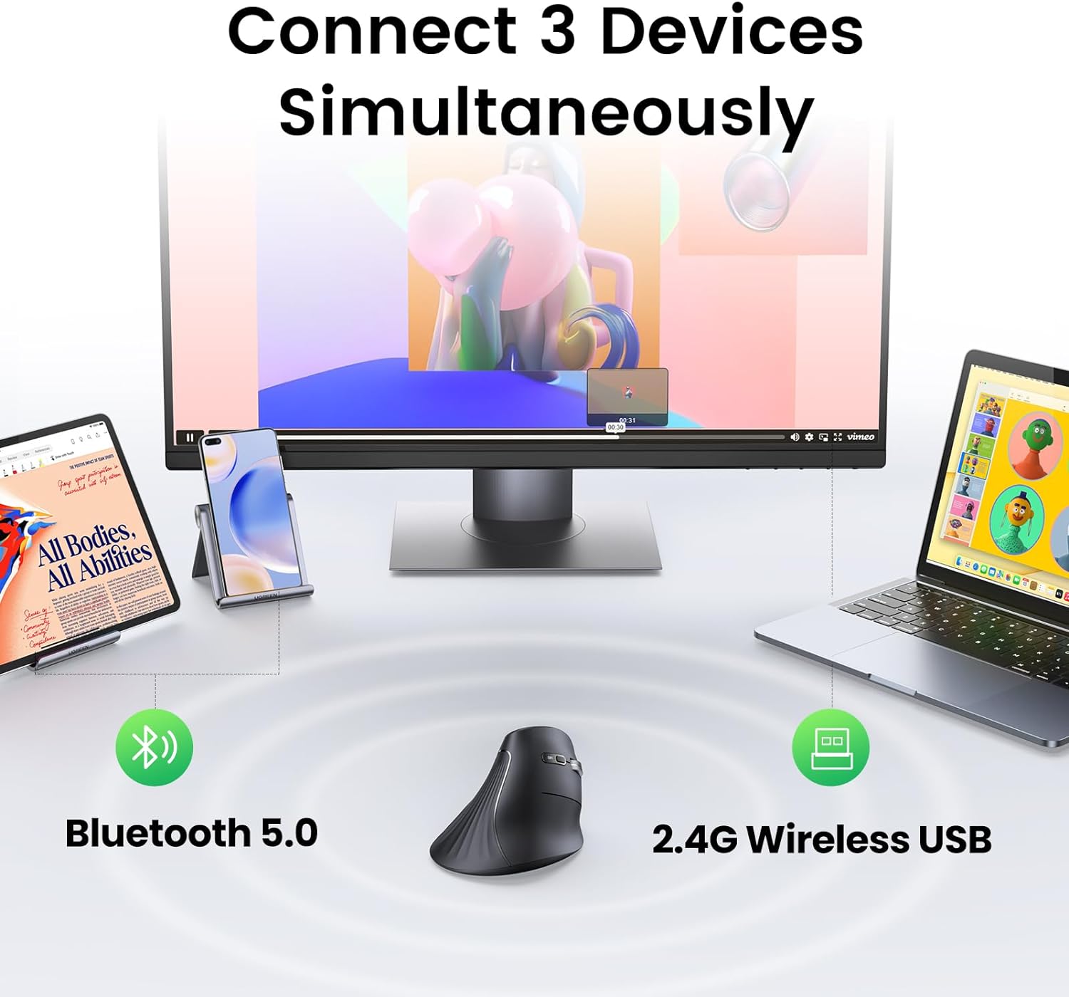 UGREEN 25444 Vertical Mouse Wireless (Bluetooth 5.0+2.4G) 4000 DPI Max Ergonomic Mouse with 5 Buttons