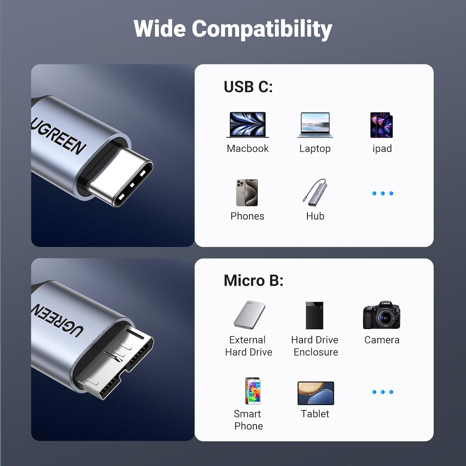 UGREEN 15232 USB C to Micro B USB 3.0 Cable (1 Meter) Gray