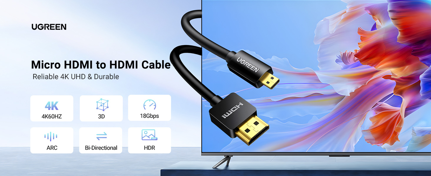 UGREEN 30102 Micro HDMI to HDMI Cable (1.5 Meter) 4K@60Hz Support 3D HDR ARC Ethernet Audio Return UGREEN 30102 Micro HDMI to HDMI Cable (1.5 Meter) 4K@60Hz Support 3D HDR ARC Ethernet Audio Return
