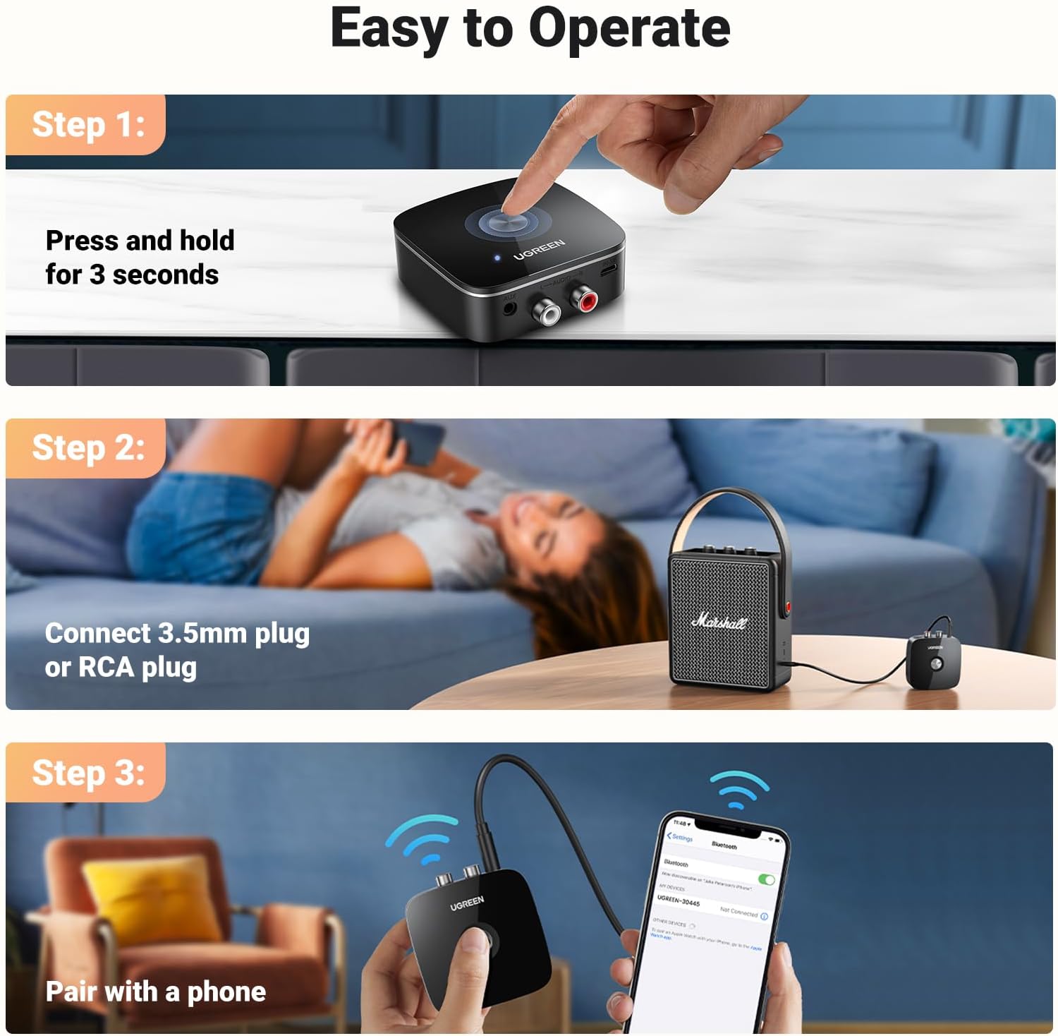 UGREEN 30445 Bluetooth 5.3 Receiver AUX Audio Adapter Built-in Battery
