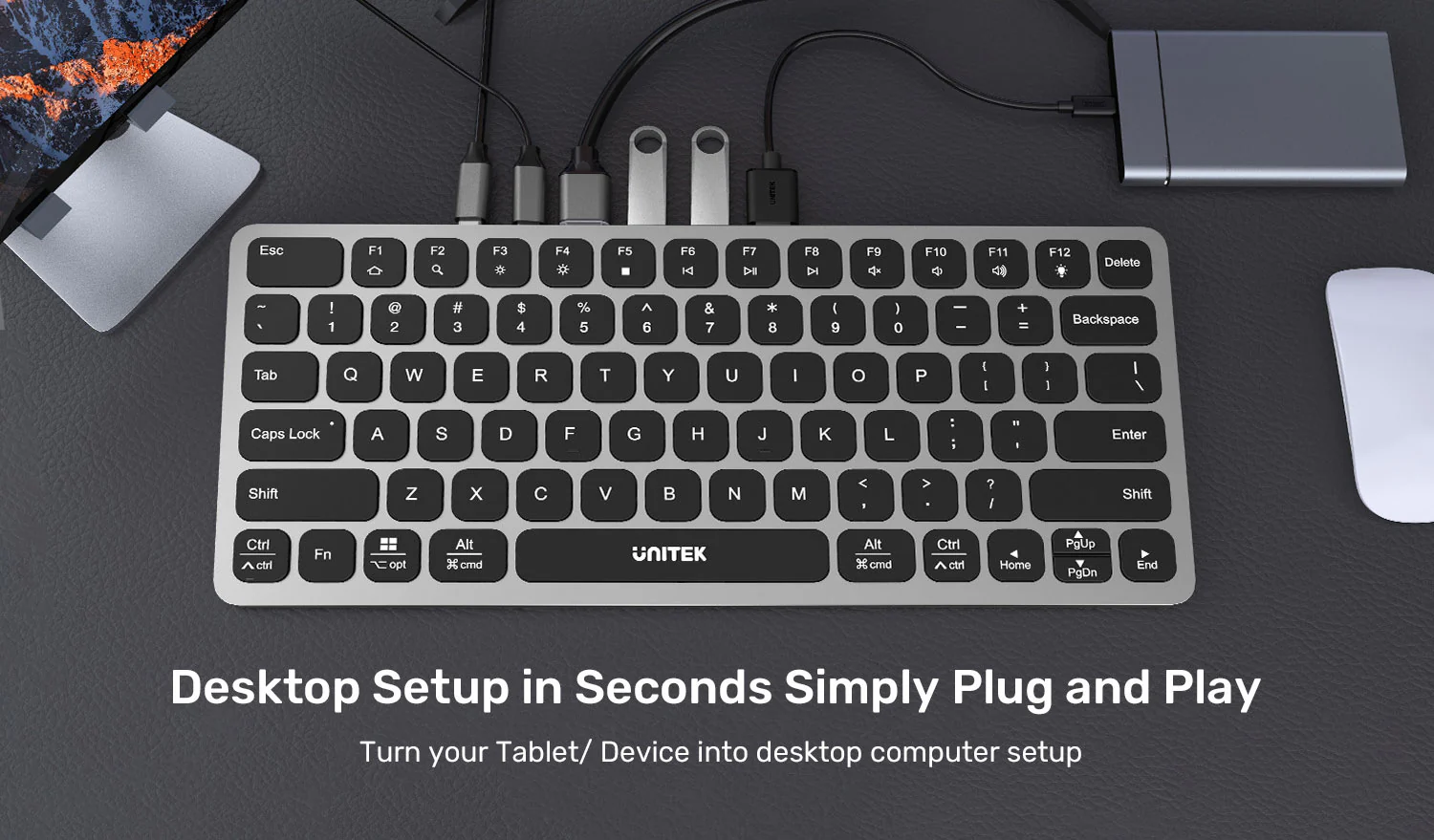 UNITEK Keyboard with 9-in-1 USB-C Hub, 3x USB 3.0, 4K HDMI, SD Card, AUX, 100W PD Charging UNITEK Keyboard with 9-in-1 USB-C Hub, 3x USB 3.0, 4K HDMI, SD Card, AUX, 100W PD Charging
