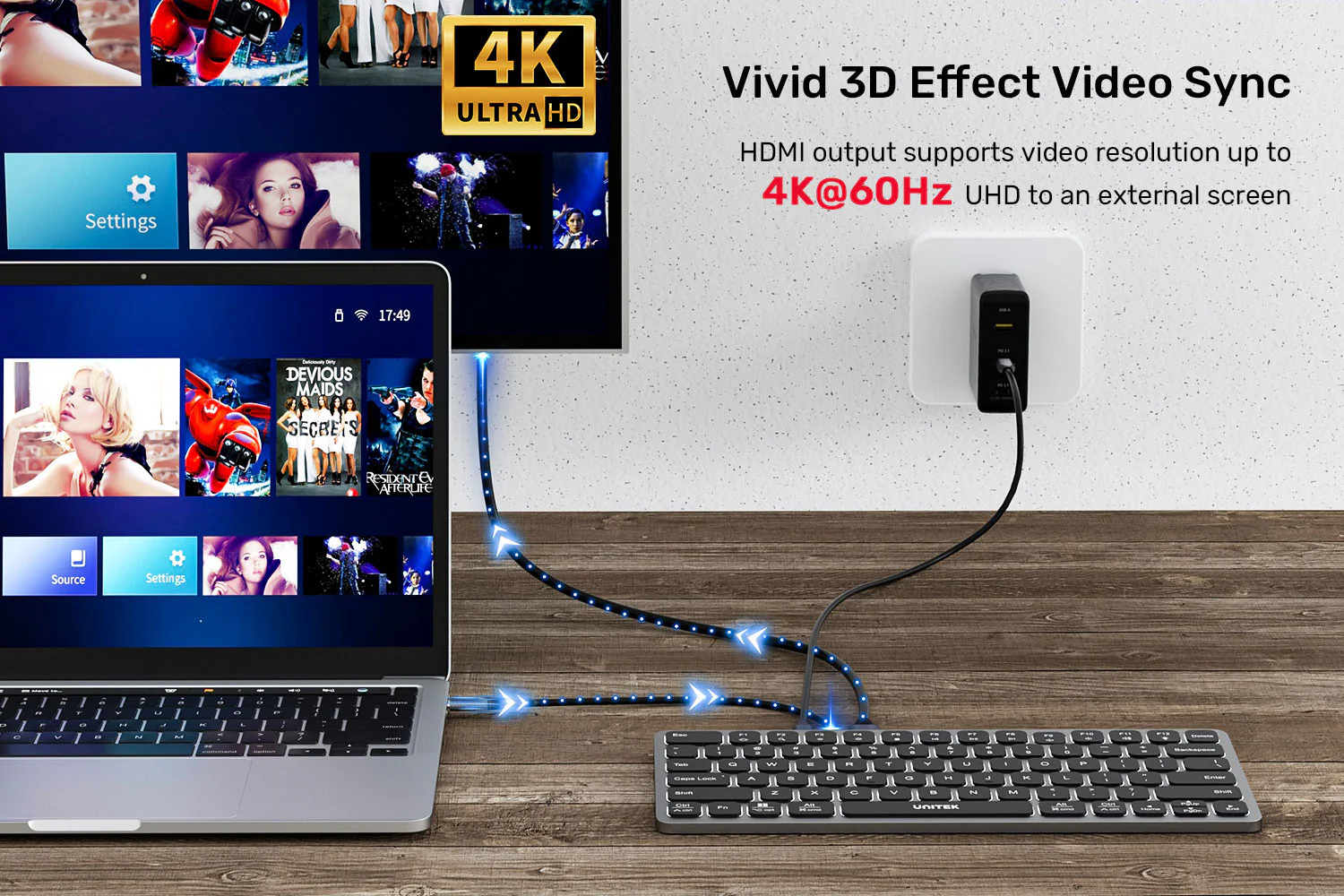 UNITEK Keyboard with 9-in-1 USB-C Hub, 3x USB 3.0, 4K HDMI, SD Card, AUX, 100W PD Charging UNITEK Keyboard with 9-in-1 USB-C Hub, 3x USB 3.0, 4K HDMI, SD Card, AUX, 100W PD Charging