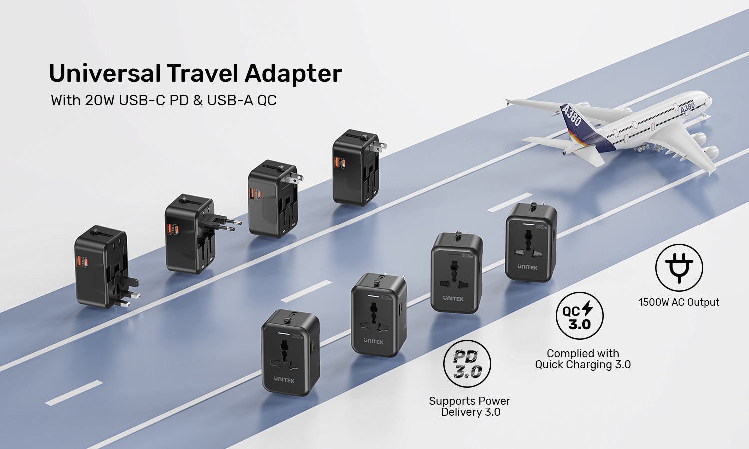 UNITEK 20W Universal Travel Adapter Dual USB-C PD & USB-A QC 3.0 Fast Charging Ports UNITEK 20W Universal Travel Adapter Dual USB-C PD & USB-A QC 3.0 Fast Charging Ports