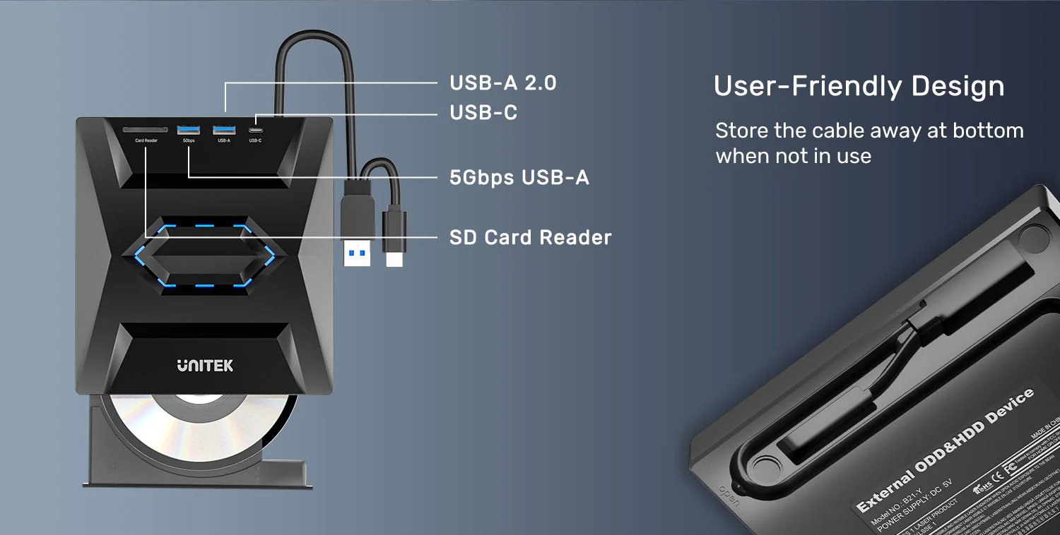 UNITEK External Optical Drive with 5-in-1 Hub, 2 USB-A Ports, USB-C Port, SD Card Reader UNITEK External Optical Drive with 5-in-1 Hub, 2 USB-A Ports, USB-C Port, SD Card Reader