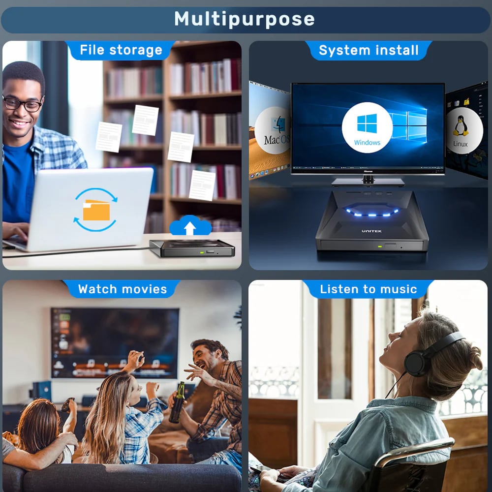 UNITEK External Optical Drive with 5-in-1 Hub, 2 USB-A Ports, USB-C Port, SD Card Reader