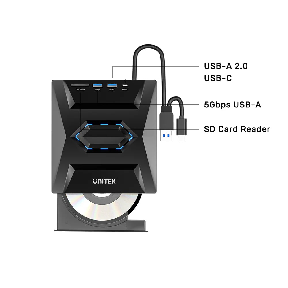 UNITEK External Optical Drive with 5-in-1 Hub, 2 USB-A Ports, USB-C Port, SD Card Reader