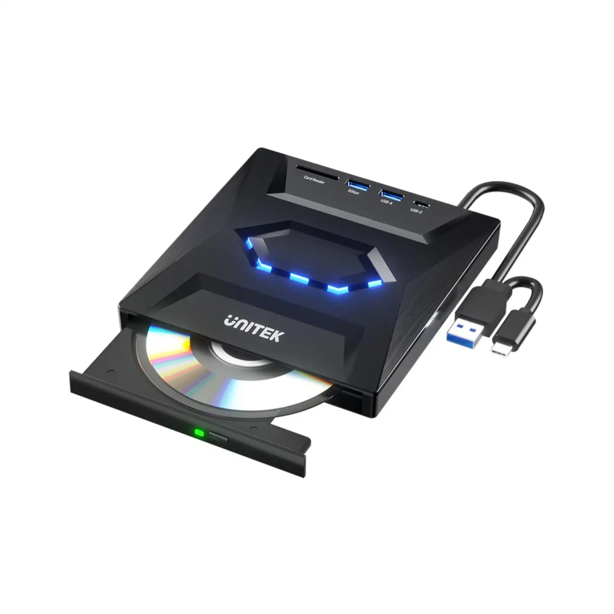 UNITEK External Optical Drive with 5-in-1 Hub, 2 USB-A Ports, USB-C Port, SD Card Reader