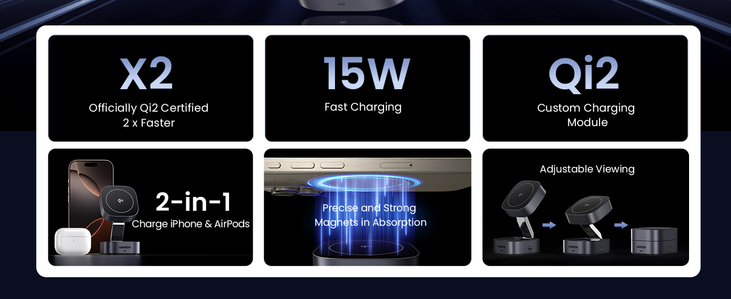 UGREEN 35316 MagFlow 2-in-1 Qi2 Magnetic Foldable Wireless Charging Station for iPhone 17/16/15 Pro Max AirPods 3/2/Pro UGREEN 35316 MagFlow 2-in-1 Qi2 Magnetic Foldable Wireless Charging Station for iPhone 17/16/15 Pro Max AirPods 3/2/Pro