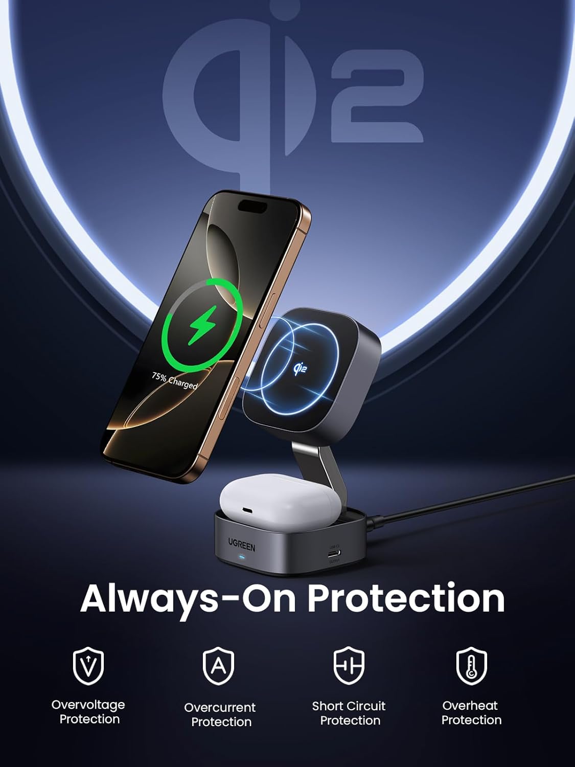 UGREEN 35316 MagFlow 2-in-1 Qi2 Magnetic Foldable Wireless Charging Station for iPhone 17/16/15 Pro Max AirPods 3/2/Pro