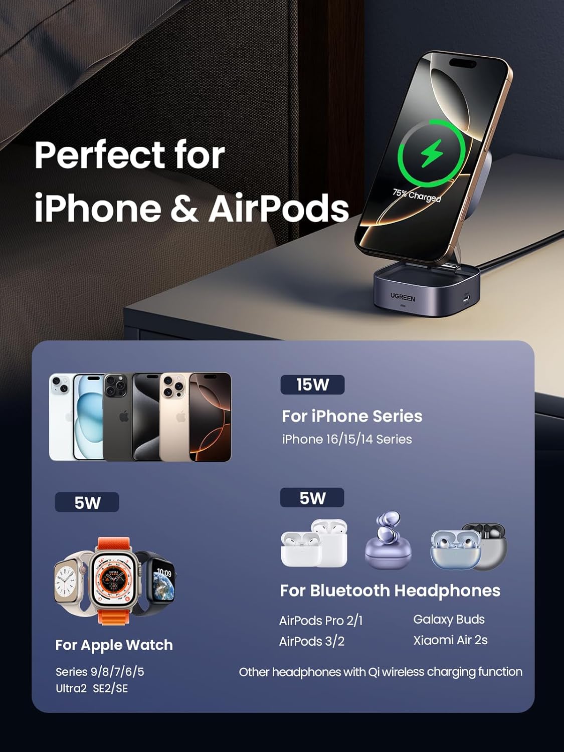 UGREEN 35316 MagFlow 2-in-1 Qi2 Magnetic Foldable Wireless Charging Station for iPhone 17/16/15 Pro Max AirPods 3/2/Pro
