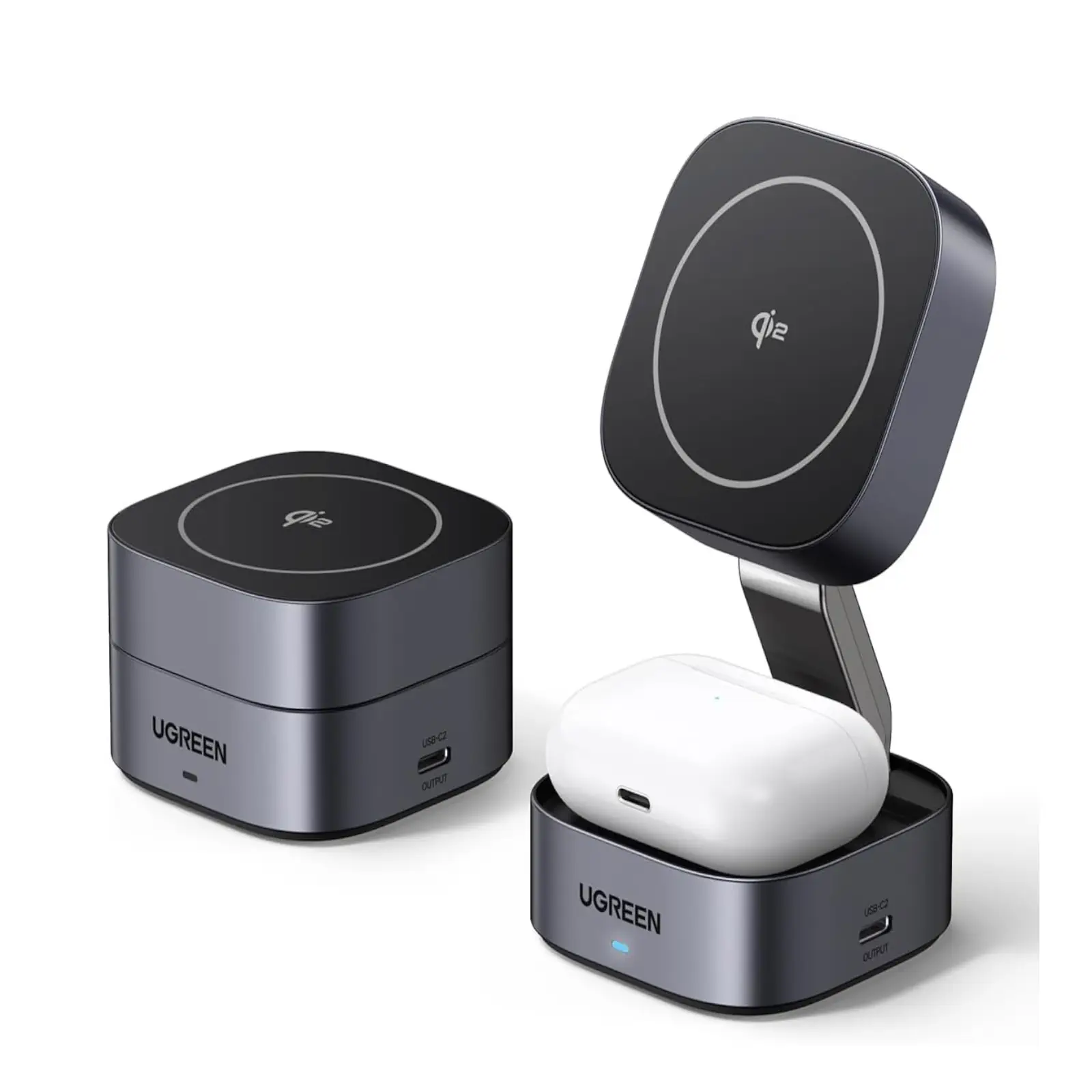 UGREEN 35316 MagFlow 2-in-1 Qi2 Magnetic Foldable Wireless Charging Station for iPhone 17/16/15 Pro Max AirPods 3/2/Pro