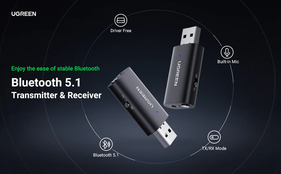 UGREEN 60300 Bluetooth 5.1 Transmitter Receiver 2-in-1 Wireless USB Adapter with Built-in Microphone 3.5mm Audio Bluetooth Dongle Buy UGREEN 60300 Bluetooth 5.1 Transmitter Receiver 2-in-1 Wireless USB Adapter with Built-in Microphone 3.5mm Audio Bluetooth Dongle Online in Pakistan - UGREEN PK