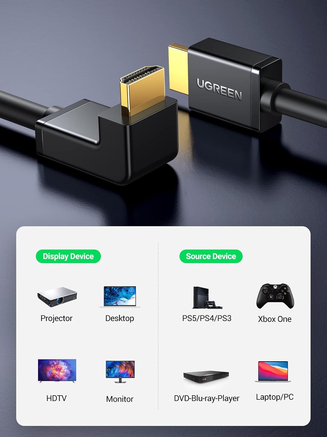 Buy UGREEN 10173 HDMI 2.0 Cable Right Angle 4K 90 Degree (2 Meter) 4K@60Hz Online in Pakistan - UGREEN PK