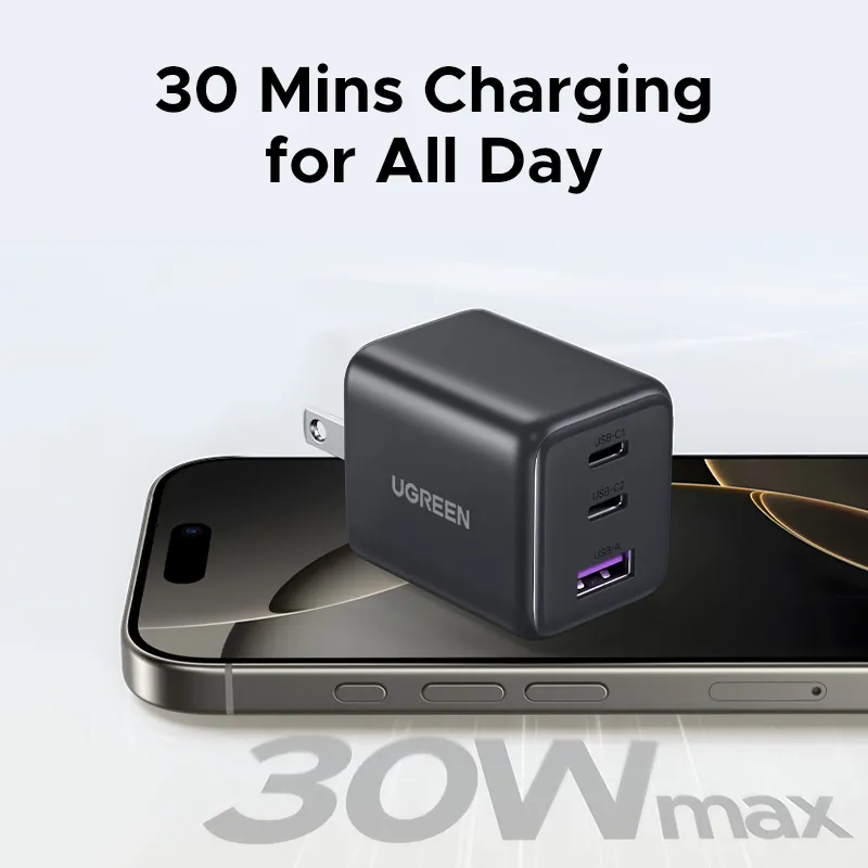 Buy UGREEN 55537 GaN 30W 3 Ports USB-C Fast Charger Adapter Compatible with iPhone 16/15 Pro Max Online in Pakistan - UGREEN PK