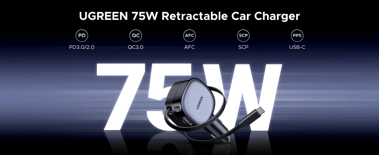 UGREEN 55653 75W Car Charger 2-in-1 Retractable Cable, SCP 25W, QC, PD 30W Fast Charging for iPhone 16/15 Pro Buy UGREEN 55653 75W Car Charger 2-in-1 Retractable Cable, SCP 25W, QC, PD 30W Fast Charging for iPhone 16/15 Pro Online in Pakistan - UGREEN PK