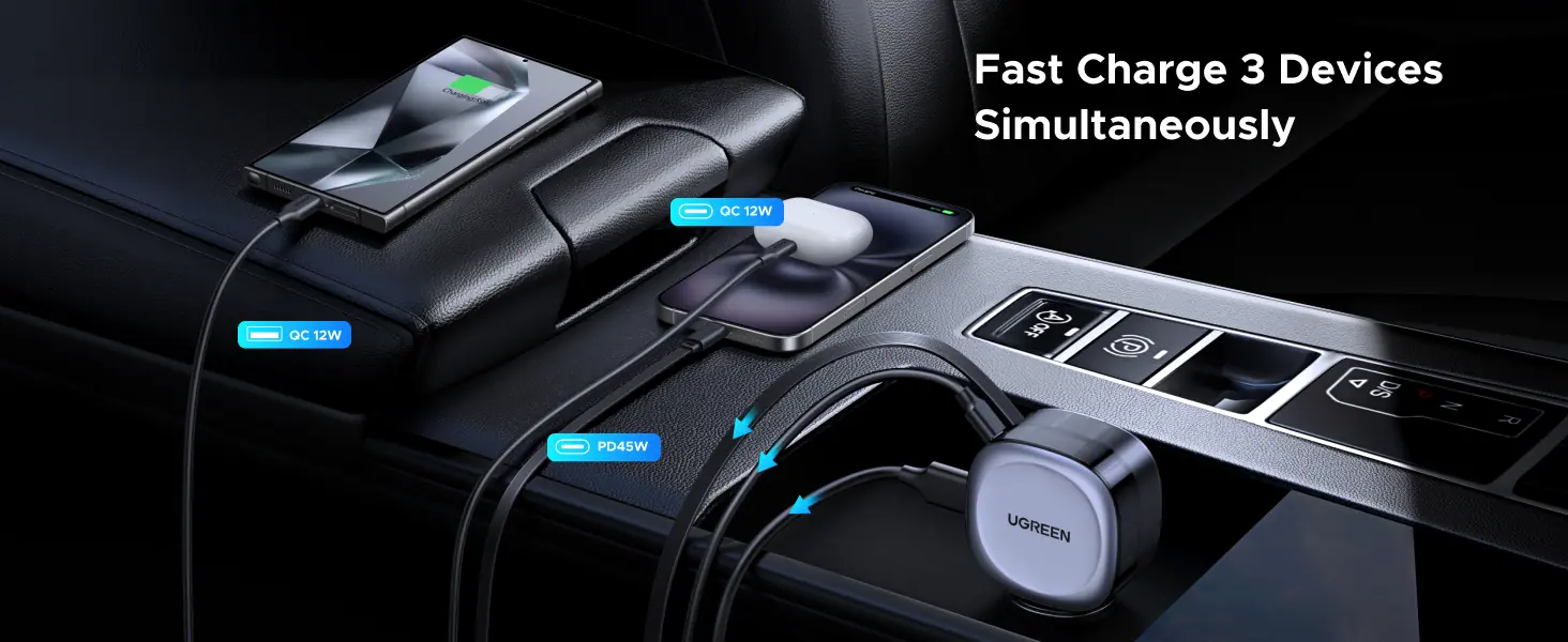 UGREEN 55653 75W Car Charger 2-in-1 Retractable Cable, SCP 25W, QC, PD 30W Fast Charging for iPhone 16/15 Pro Buy UGREEN 55653 75W Car Charger 2-in-1 Retractable Cable, SCP 25W, QC, PD 30W Fast Charging for iPhone 16/15 Pro Online in Pakistan - UGREEN PK