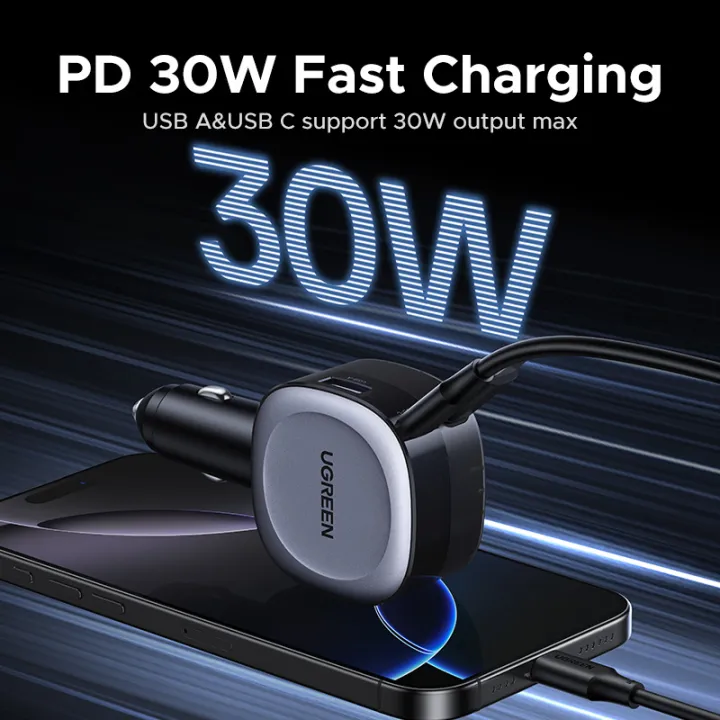 Buy UGREEN 55653 75W Car Charger 2-in-1 Retractable Cable, SCP 25W, QC, PD 30W Fast Charging for iPhone 16/15 Pro Online in Pakistan - UGREEN PK
