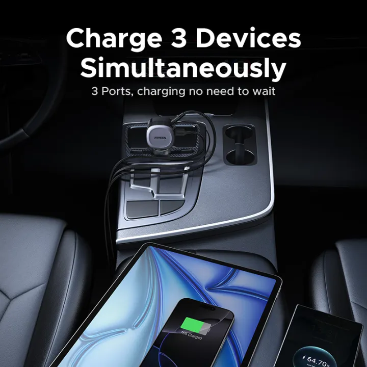 Buy UGREEN 55653 75W Car Charger 2-in-1 Retractable Cable, SCP 25W, QC, PD 30W Fast Charging for iPhone 16/15 Pro Online in Pakistan - UGREEN PK