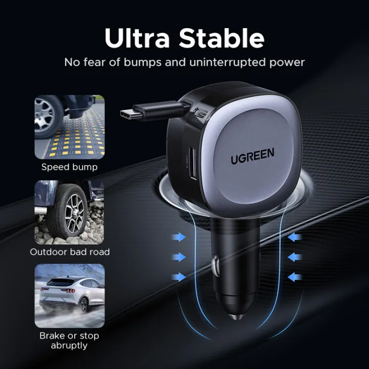 Buy UGREEN 55653 75W Car Charger 2-in-1 Retractable Cable, SCP 25W, QC, PD 30W Fast Charging for iPhone 16/15 Pro Online in Pakistan - UGREEN PK