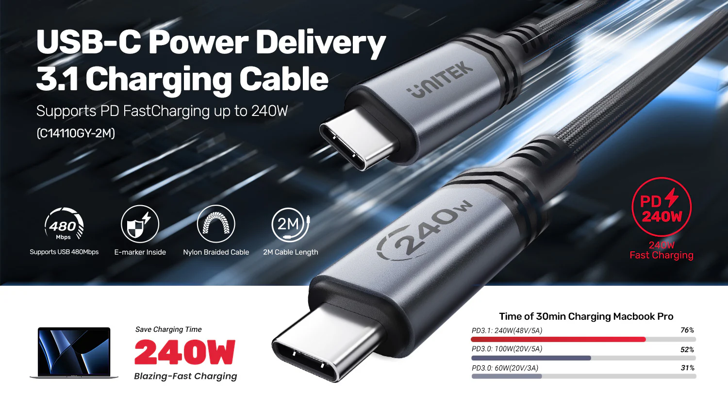 UNITEK 240W USB-C to USB-C PD 3.1 Fast Charging Cable (2 Meter) Nylon Braided Buy UNITEK 240W USB-C to USB-C PD 3.1 Fast Charging Cable (2 Meter) Nylon Braided Online in Pakistan - UGREEN PK