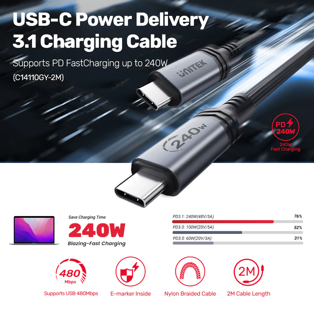 Buy UNITEK 240W USB-C to USB-C PD 3.1 Fast Charging Cable (2 Meter) Nylon Braided Online in Pakistan - UGREEN PK