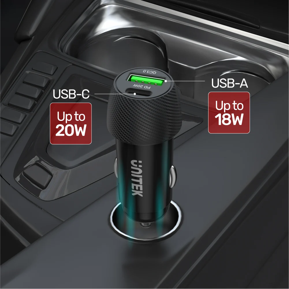 Buy UNITEK Powertrain Duo 38W Two Ports Car Charger with PD and QC Online in Pakistan - UGREEN PK
