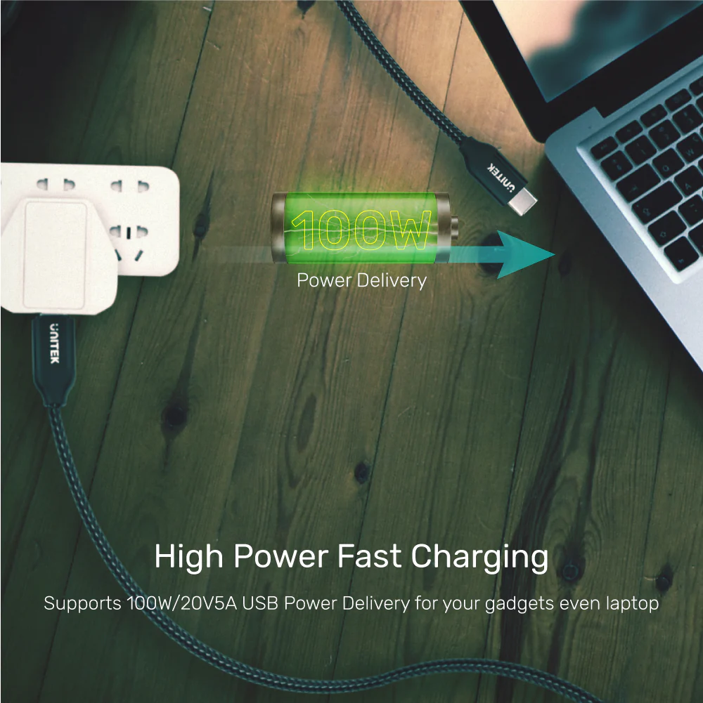 Buy UNITEK USB-C 100W PD Fast Charging Braided Cable (2 Meter) with Data USB 2.0 Online in Pakistan - UGREEN PK