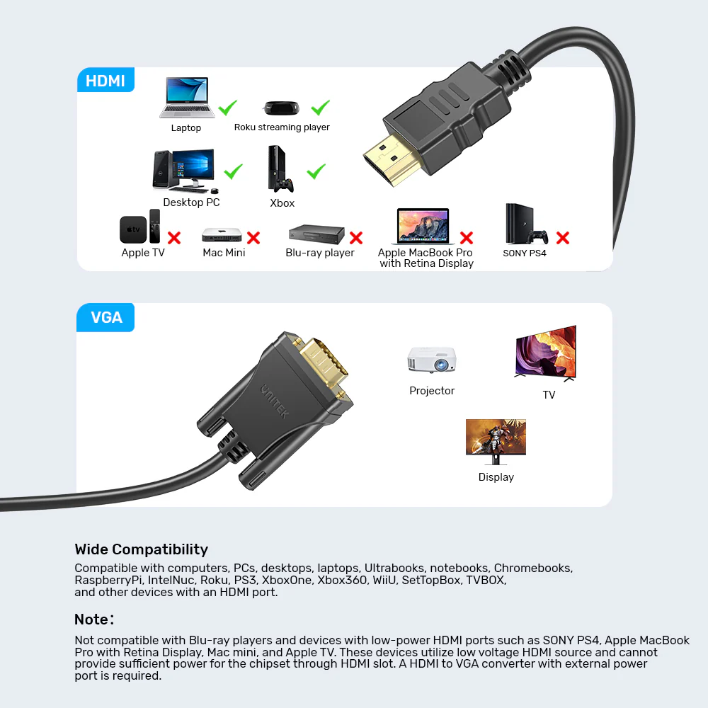 Buy UNITEK HDMI to VGA Cable (2 Meter) Full HD 1080P@60Hz Gold-Plated Connectors Online in Pakistan - UGREEN PK
